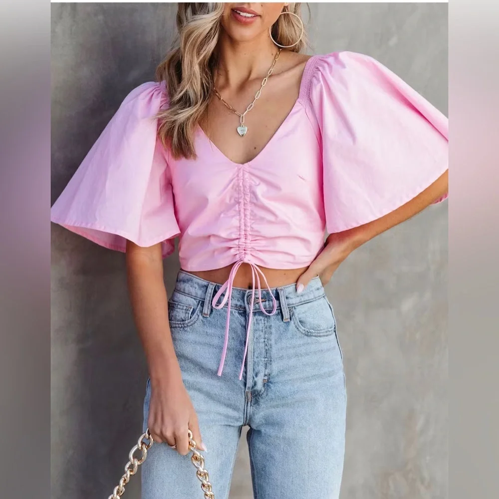 NWT Vici Campanella Pink Cotton Ruched Crop Top |Size Medium - Picture 2 of 3